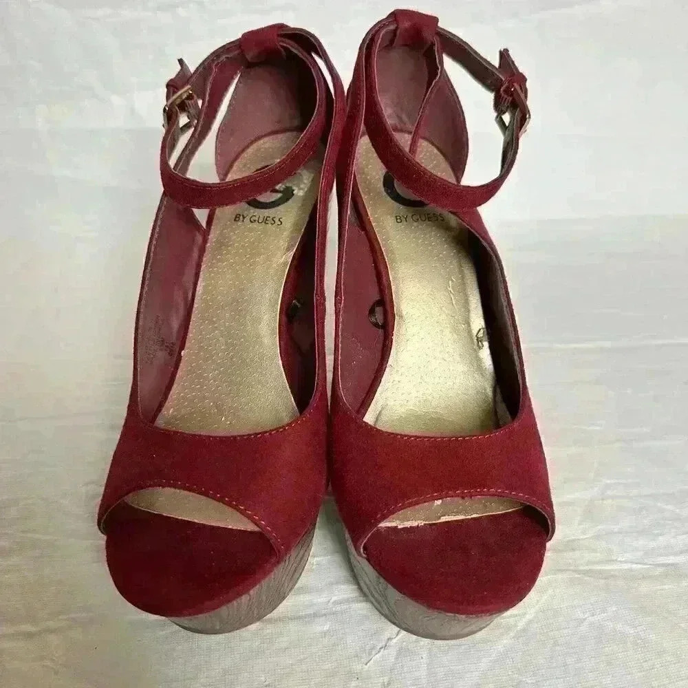 G by Guess Sandals Womens 8.5 Strappy Platform Chunky Heel Dark Burgundy - Picture 2 of 9